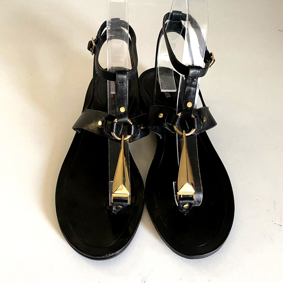 Pour La Victoire Acadia Sandal Black Leather Gold Thong Toe Ankle Strap … - Picture 3 of 6